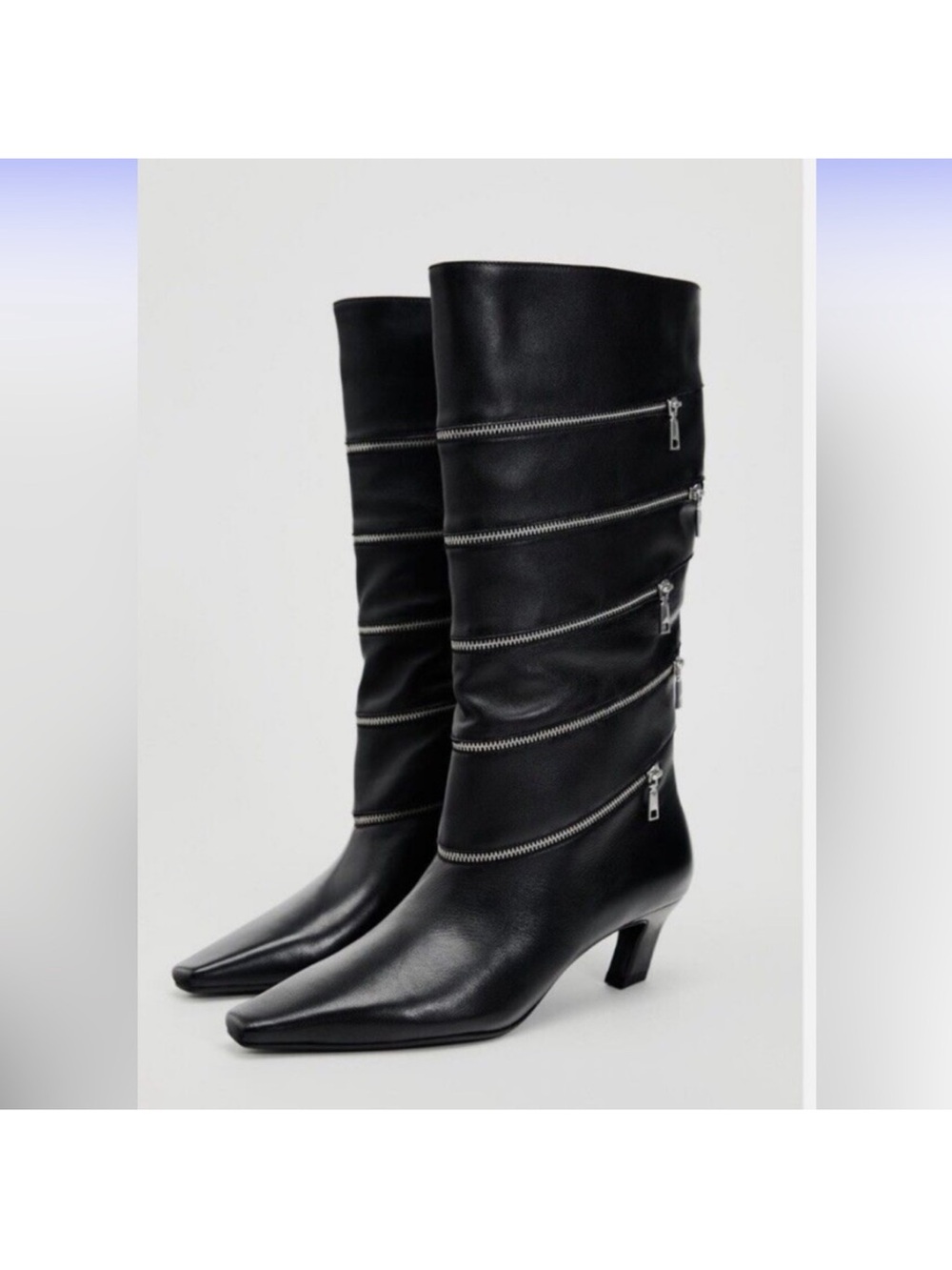 Zara Black Real Leather Mid-Calf Zipper-Trim Heeled Boots NWT